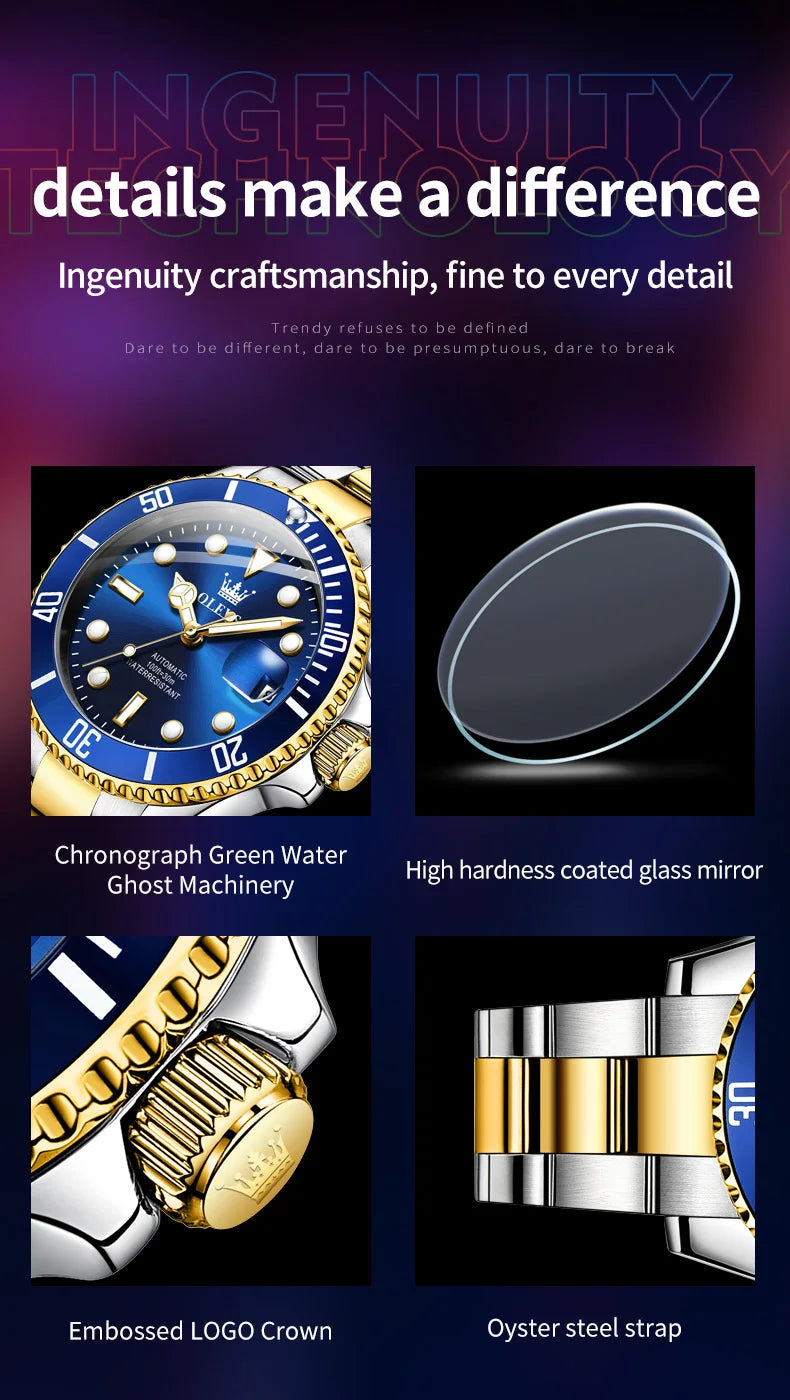 OLEVS 6650 Men Watch Classic Original Automatic Mechanical Watch For Man Zircon Scale  Waterproof Luminous Stainless Steel Reloj