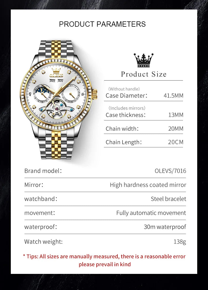 OLEVS 7016 Moon Phase Mens Watch Stainless Steel Diamond Bezel Hollowed Multifunctional Automatic Mechanical Wristwatch for Man