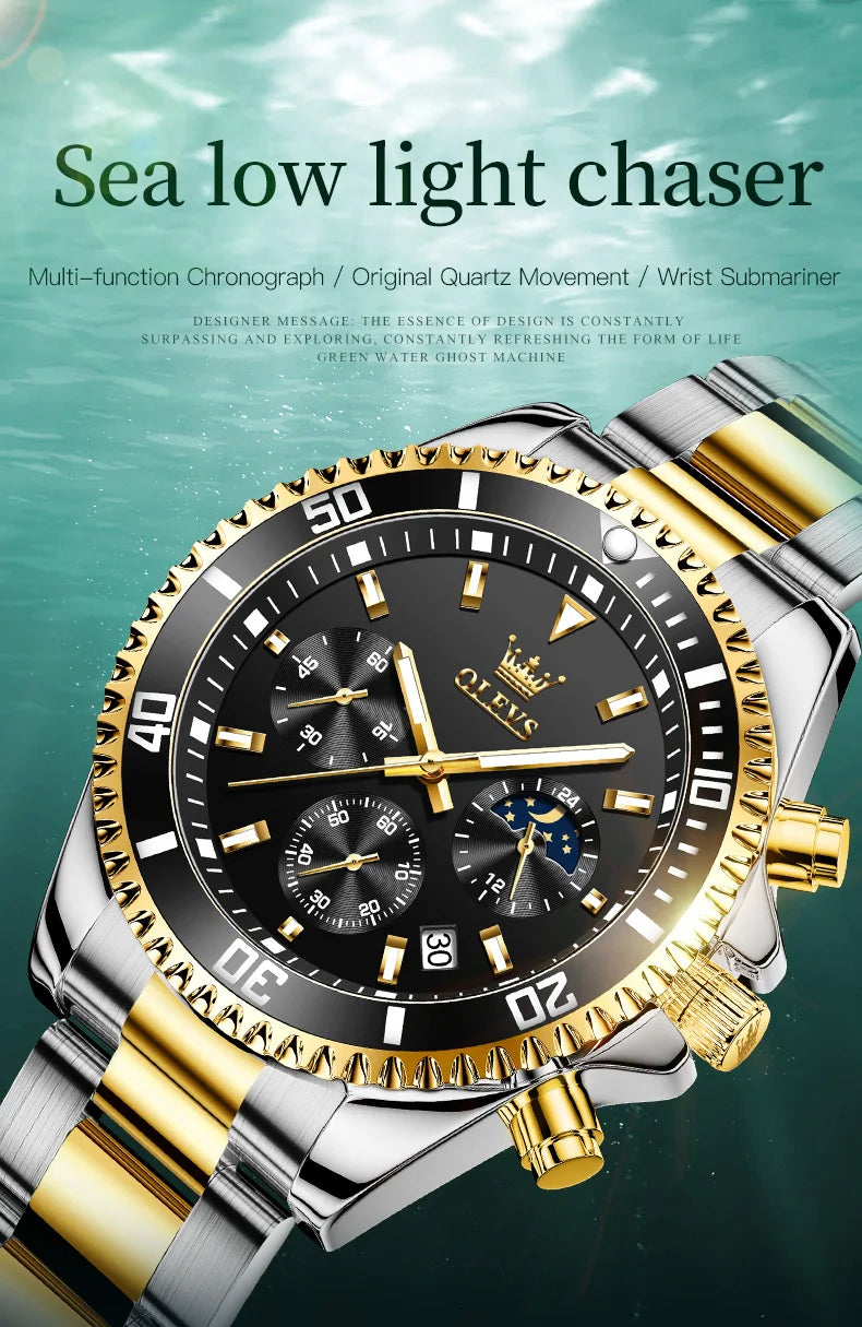 OLEVS Moon Phase Men's Watches Original Waterproof Luxury Quartz Watch Stainless Steel Chronograph Date Rota Dial Wristwatch