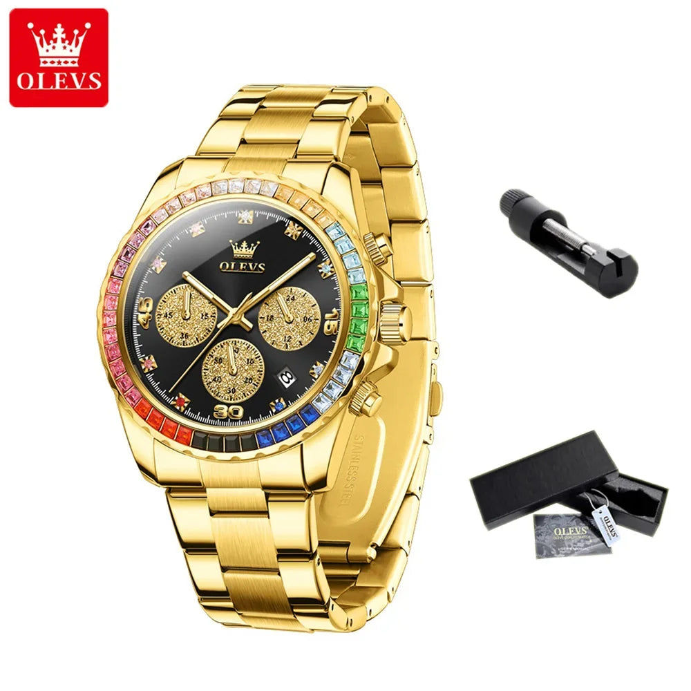OLEVS Luxury Top Brand Quartz Men's Watch Multi function Stainless Steel Rainbow Gemstone Bezel Watch for Men reloj de hombre