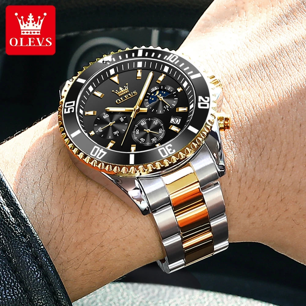 OLEVS Moon Phase Men's Watches Original Waterproof Luxury Quartz Watch Stainless Steel Chronograph Date Rota Dial Wristwatch