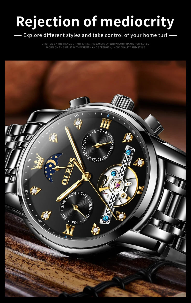 OELVS 6678 Men's Watches Luxury Original Automatic Mechanical Tourbillon Watch for Man Waterproof Luminous Date Week Moon Phase