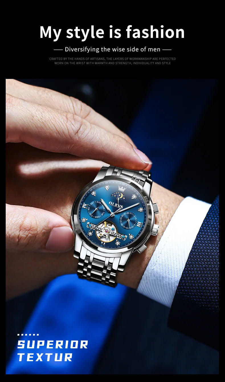 OELVS 6678 Men's Watches Luxury Original Automatic Mechanical Tourbillon Watch for Man Waterproof Luminous Date Week Moon Phase