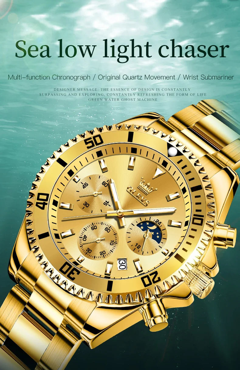 OLEVS 2870 Luxury Golden Watch for Men Fashion Business Waterproof Male Wristwatch Original Brand Moon Phase Quartz Men's Watch