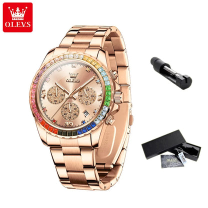 OLEVS Luxury Top Brand Quartz Men's Watch Multi function Stainless Steel Rainbow Gemstone Bezel Watch for Men reloj de hombre