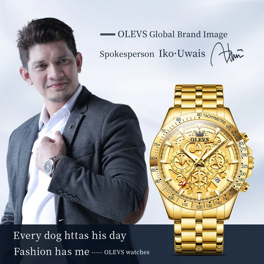 OLEVS Original Brand Quartz Watch Men Hollow Out Dial Design Stainless Steel Waterproof Chronograph New Fashion Gold Men's Watch