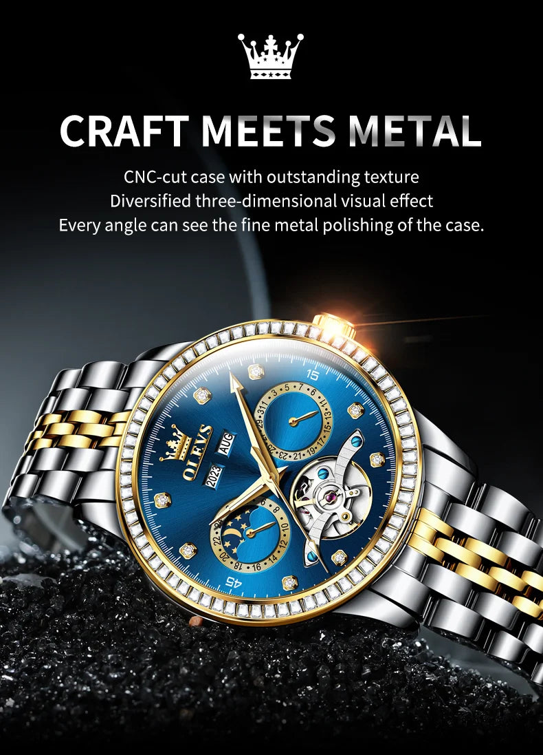 OLEVS 7016 Moon Phase Mens Watch Stainless Steel Diamond Bezel Hollowed Multifunctional Automatic Mechanical Wristwatch for Man