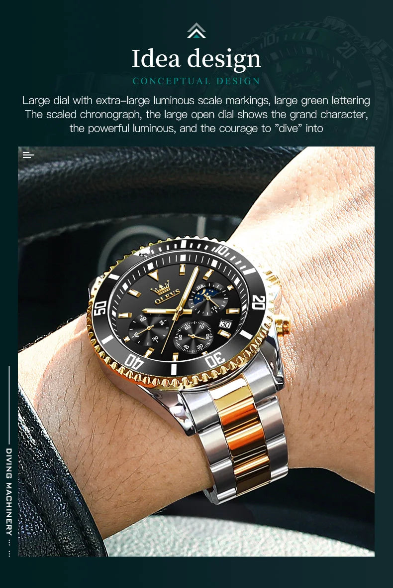 OLEVS Moon Phase Men's Watches Original Waterproof Luxury Quartz Watch Stainless Steel Chronograph Date Rota Dial Wristwatch