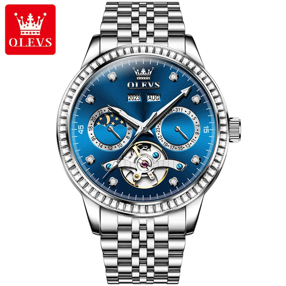 OLEVS 7016 Moon Phase Mens Watch Stainless Steel Diamond Bezel Hollowed Multifunctional Automatic Mechanical Wristwatch for Man