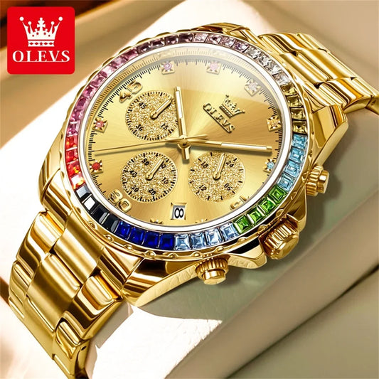 OLEVS Luxury Top Brand Quartz Men's Watch Multi function Stainless Steel Rainbow Gemstone Bezel Watch for Men reloj de hombre