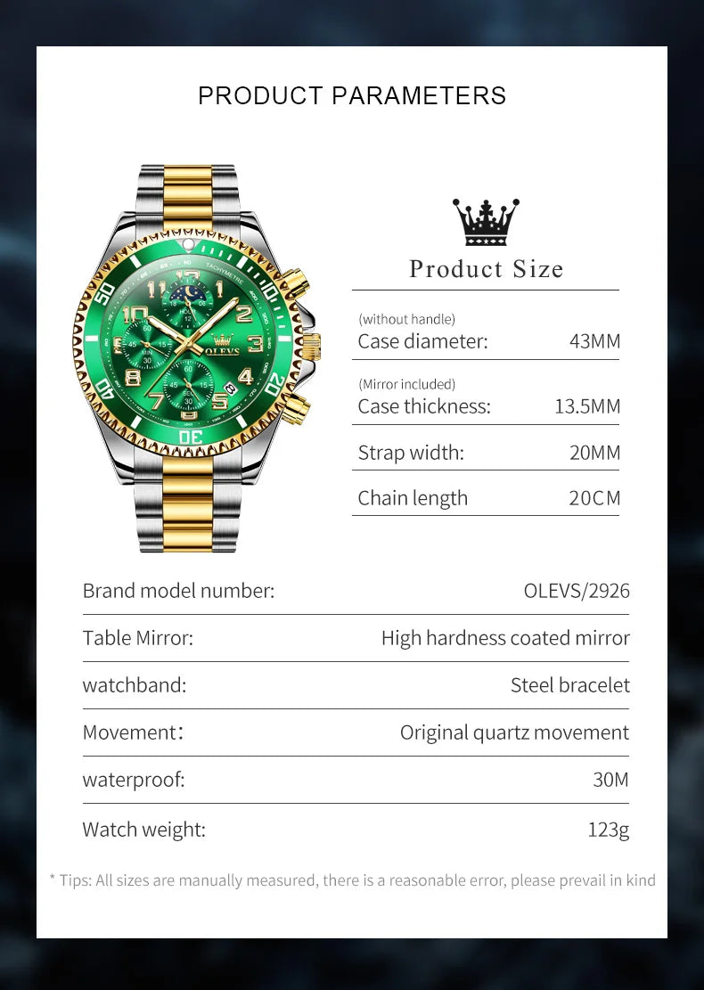 OLEVS  2926  Watches For Men New Fashion Brand Luxury Quartz Watch  Three Small Dial Stainless steel Waterproof   Chronograph