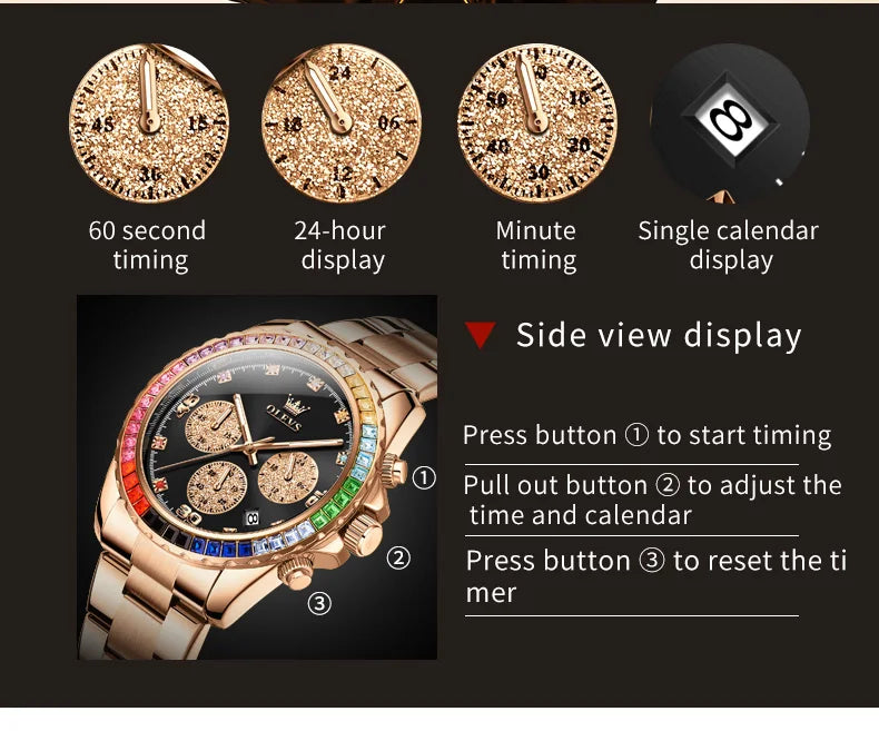 OLEVS Luxury Top Brand Quartz Men's Watch Multi function Stainless Steel Rainbow Gemstone Bezel Watch for Men reloj de hombre