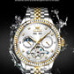 OLEVS 7016 Moon Phase Mens Watch Stainless Steel Diamond Bezel Hollowed Multifunctional Automatic Mechanical Wristwatch for Man