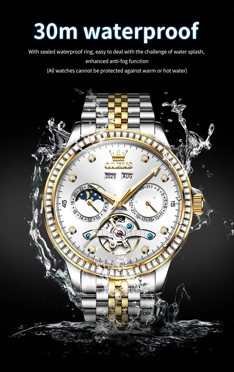 OLEVS 7016 Moon Phase Mens Watch Stainless Steel Diamond Bezel Hollowed Multifunctional Automatic Mechanical Wristwatch for Man