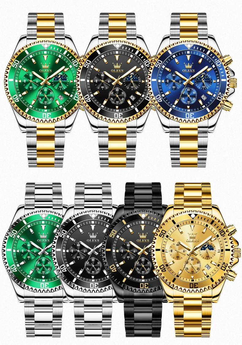OLEVS Moon Phase Men's Watches Original Waterproof Luxury Quartz Watch Stainless Steel Chronograph Date Rota Dial Wristwatch