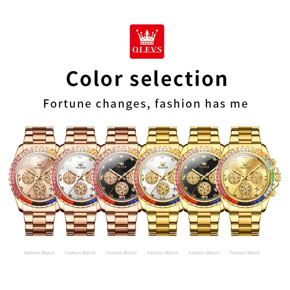 OLEVS Luxury Top Brand Quartz Men's Watch Multi function Stainless Steel Rainbow Gemstone Bezel Watch for Men reloj de hombre