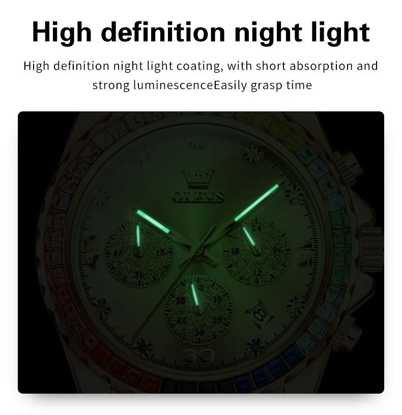 OLEVS Luxury Top Brand Quartz Men's Watch Multi function Stainless Steel Rainbow Gemstone Bezel Watch for Men reloj de hombre