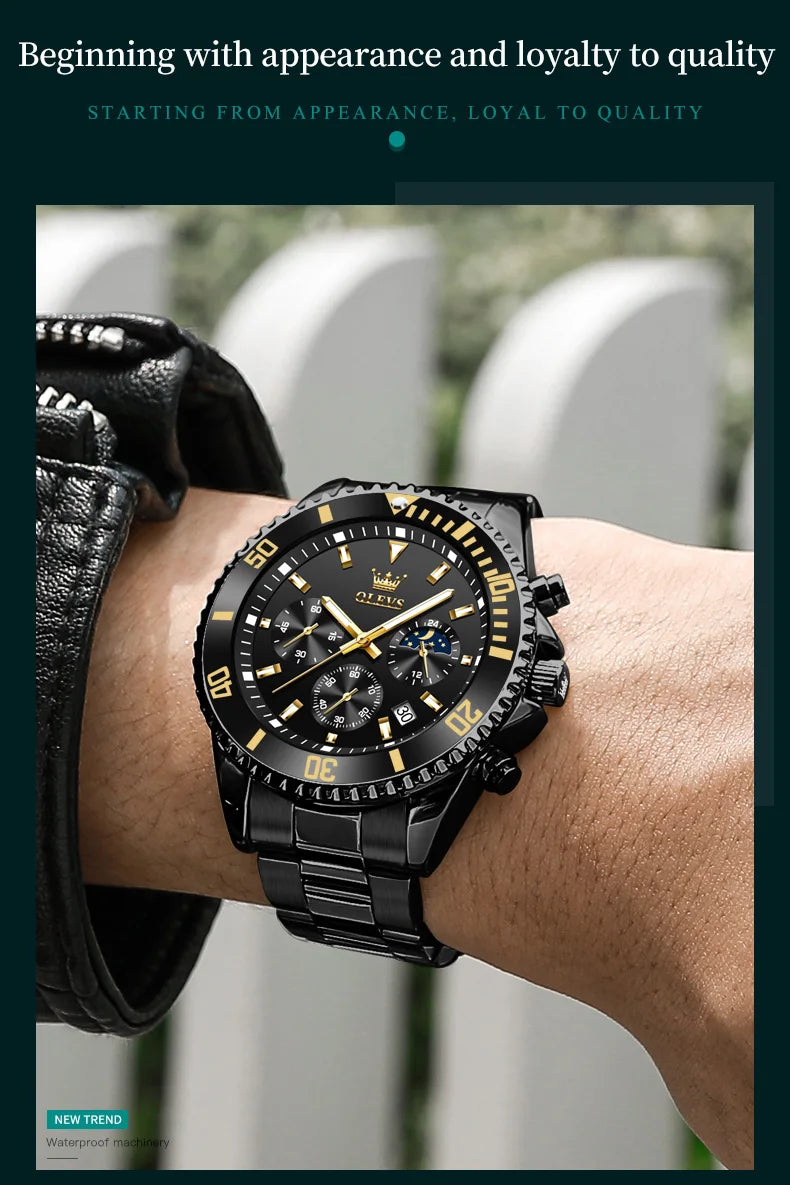 OLEVS 2870 Men Watch 42.5mm Big Dial Chronograph Moon Phase Waterproof Sports Watches Original Fashion Quartz Watch for Men 2025