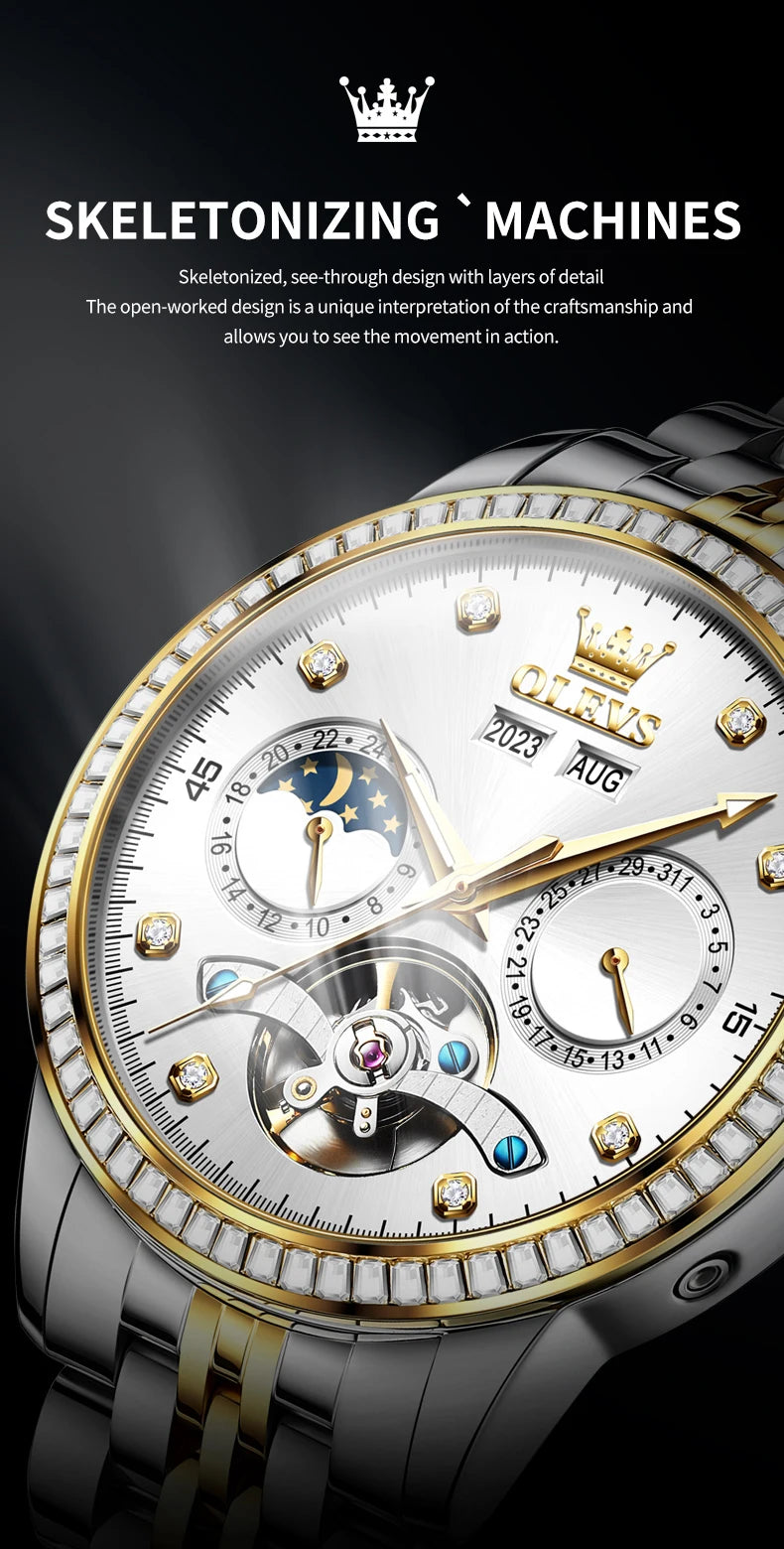 OLEVS 7016 Moon Phase Mens Watch Stainless Steel Diamond Bezel Hollowed Multifunctional Automatic Mechanical Wristwatch for Man