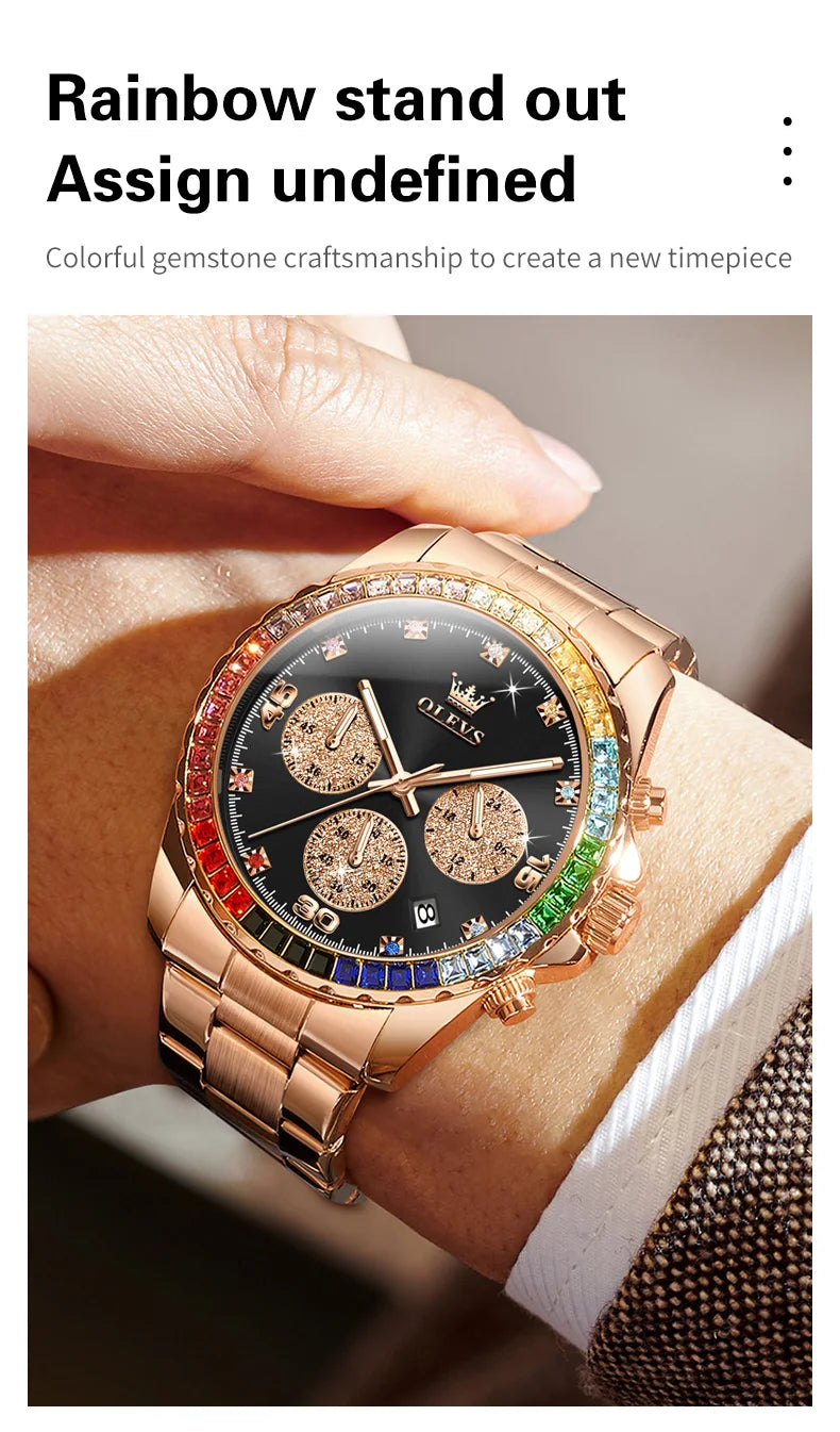 OLEVS Luxury Top Brand Quartz Men's Watch Multi function Stainless Steel Rainbow Gemstone Bezel Watch for Men reloj de hombre