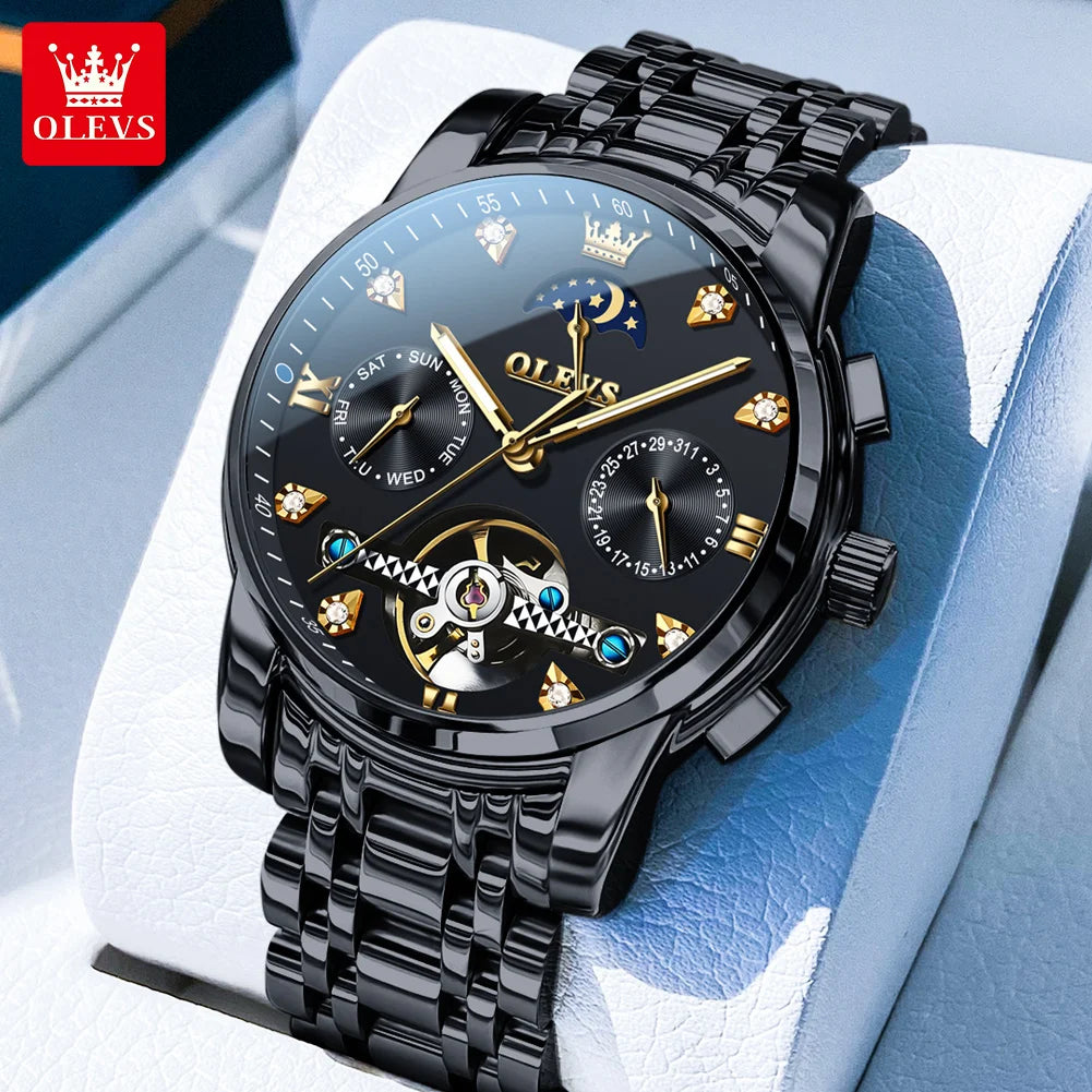 OELVS 6678 Men's Watches Luxury Original Automatic Mechanical Tourbillon Watch for Man Waterproof Luminous Date Week Moon Phase
