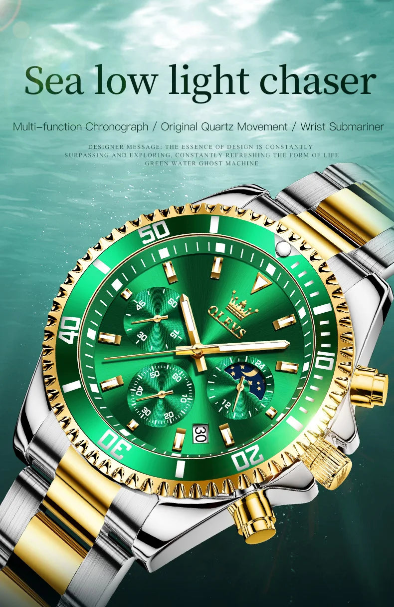 OLEVS 2870 Chronograph Quartz Business Men Watch Fashion Moon Phase Waterproof Watch For Men Stainless Steel Original Wristwatch