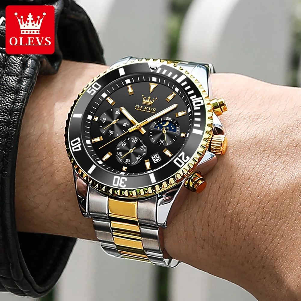 OLEVS Moon Phase Men's Watches Original Waterproof Luxury Quartz Watch Stainless Steel Chronograph Date Rota Dial Wristwatch