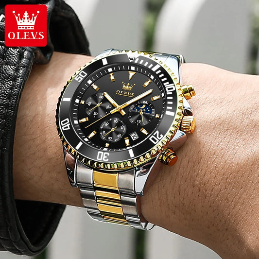 OLEVS Moon Phase Men's Watches Original Waterproof Luxury Quartz Watch Stainless Steel Chronograph Date Rota Dial Wristwatch