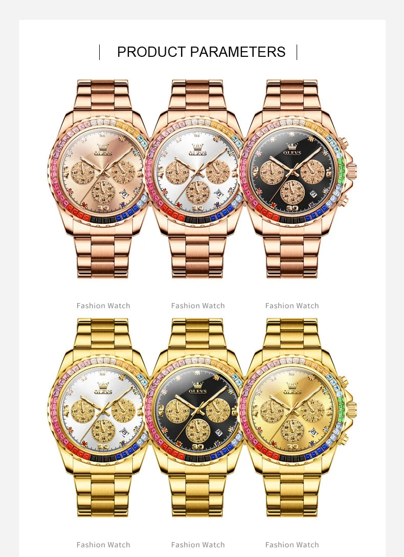 OLEVS Luxury Top Brand Quartz Men's Watch Multi function Stainless Steel Rainbow Gemstone Bezel Watch for Men reloj de hombre