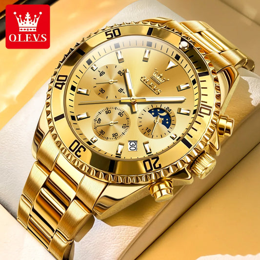 OLEVS 2870 Luxury Golden Watch for Men Fashion Business Waterproof Male Wristwatch Original Brand Moon Phase Quartz Men's Watch