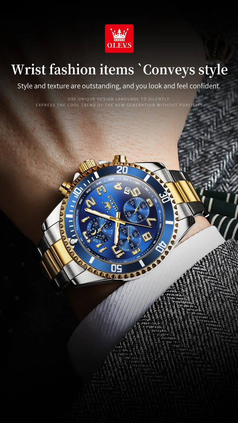 OLEVS  2926  Watches For Men New Fashion Brand Luxury Quartz Watch  Three Small Dial Stainless steel Waterproof   Chronograph