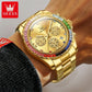 OLEVS Luxury Top Brand Quartz Men's Watch Multi function Stainless Steel Rainbow Gemstone Bezel Watch for Men reloj de hombre