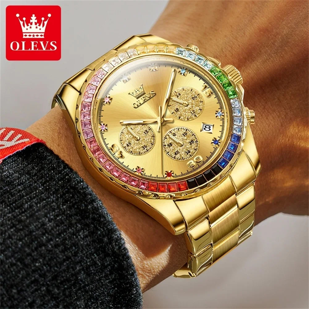OLEVS Luxury Top Brand Quartz Men's Watch Multi function Stainless Steel Rainbow Gemstone Bezel Watch for Men reloj de hombre