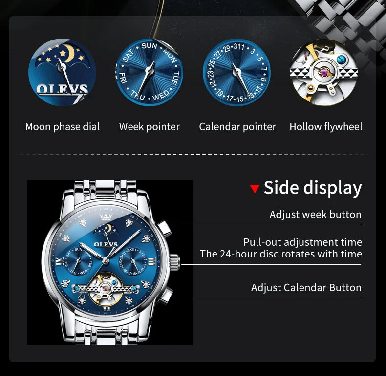 OELVS 6678 Men's Watches Luxury Original Automatic Mechanical Tourbillon Watch for Man Waterproof Luminous Date Week Moon Phase