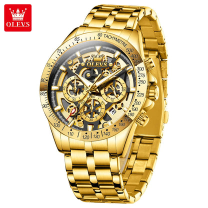 OLEVS Original Brand Quartz Watch Men Hollow Out Dial Design Stainless Steel Waterproof Chronograph New Fashion Gold Men's Watch