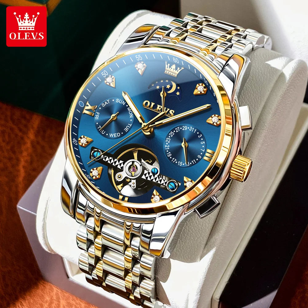 OELVS 6678 Men's Watches Luxury Original Automatic Mechanical Tourbillon Watch for Man Waterproof Luminous Date Week Moon Phase
