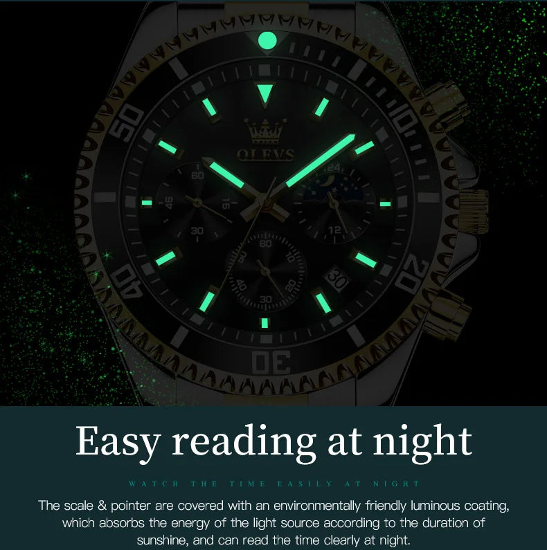 OLEVS Moon Phase Men's Watches Original Waterproof Luxury Quartz Watch Stainless Steel Chronograph Date Rota Dial Wristwatch