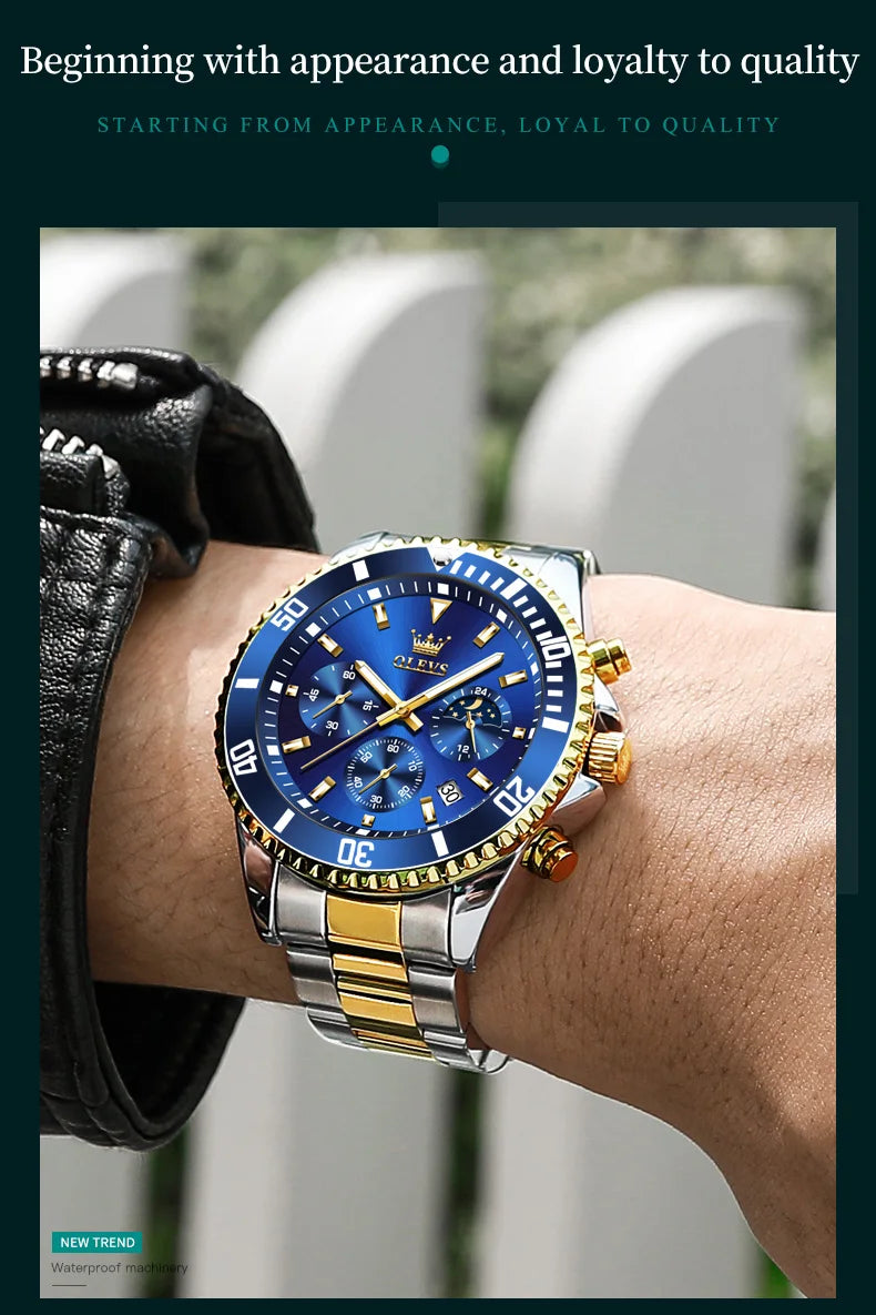 OLEVS Moon Phase Men's Watches Original Waterproof Luxury Quartz Watch Stainless Steel Chronograph Date Rota Dial Wristwatch