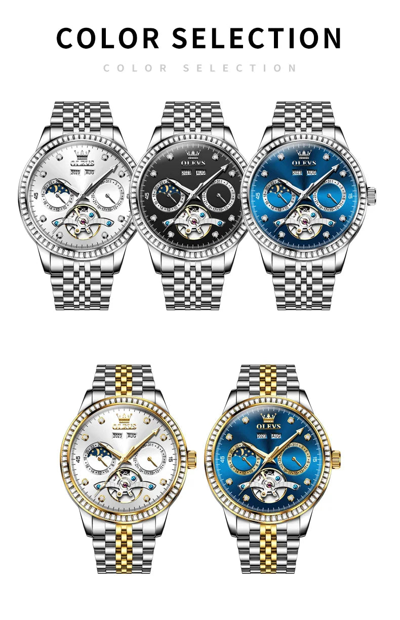 OLEVS 7016 Moon Phase Mens Watch Stainless Steel Diamond Bezel Hollowed Multifunctional Automatic Mechanical Wristwatch for Man