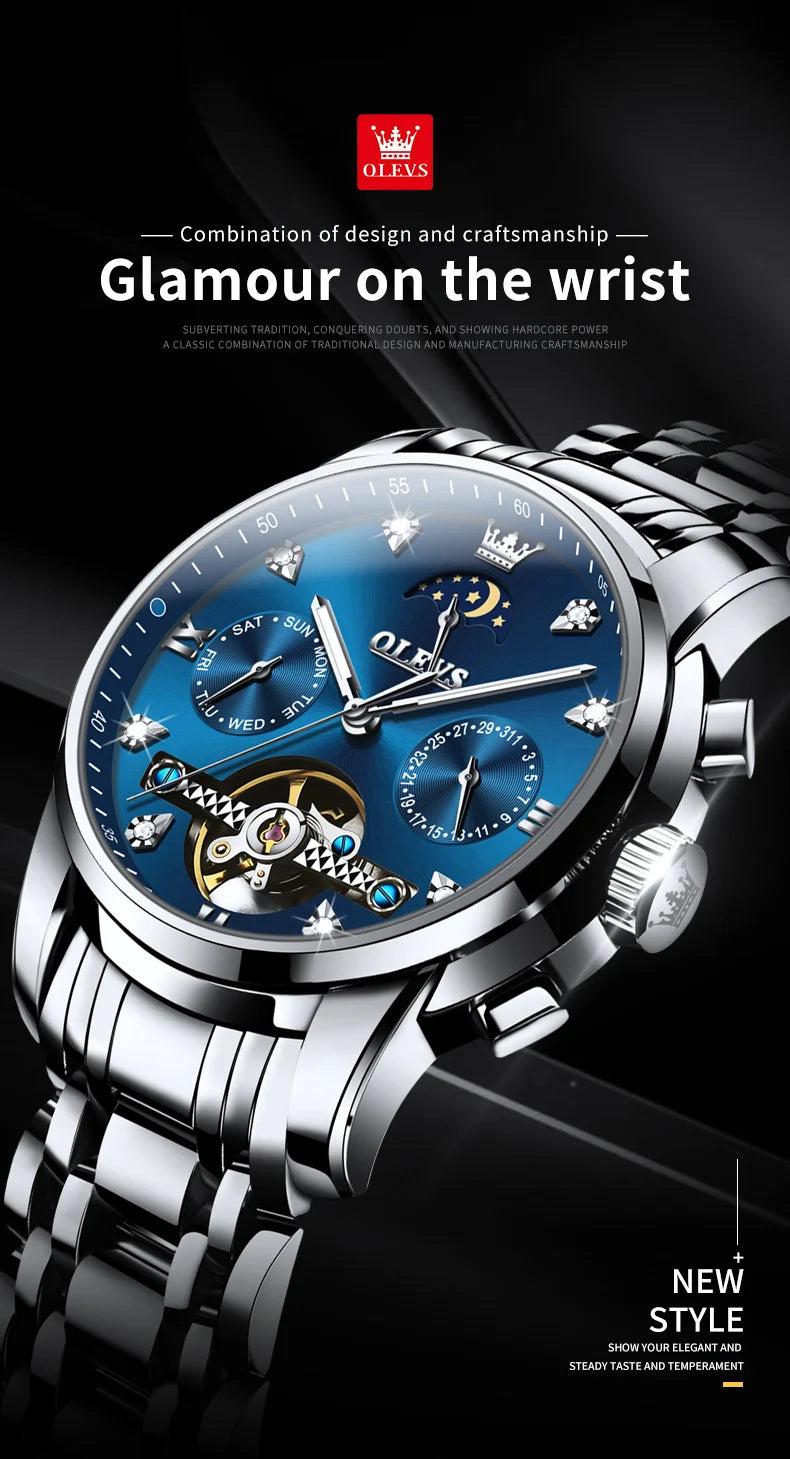 OELVS 6678 Men's Watches Luxury Original Automatic Mechanical Tourbillon Watch for Man Waterproof Luminous Date Week Moon Phase