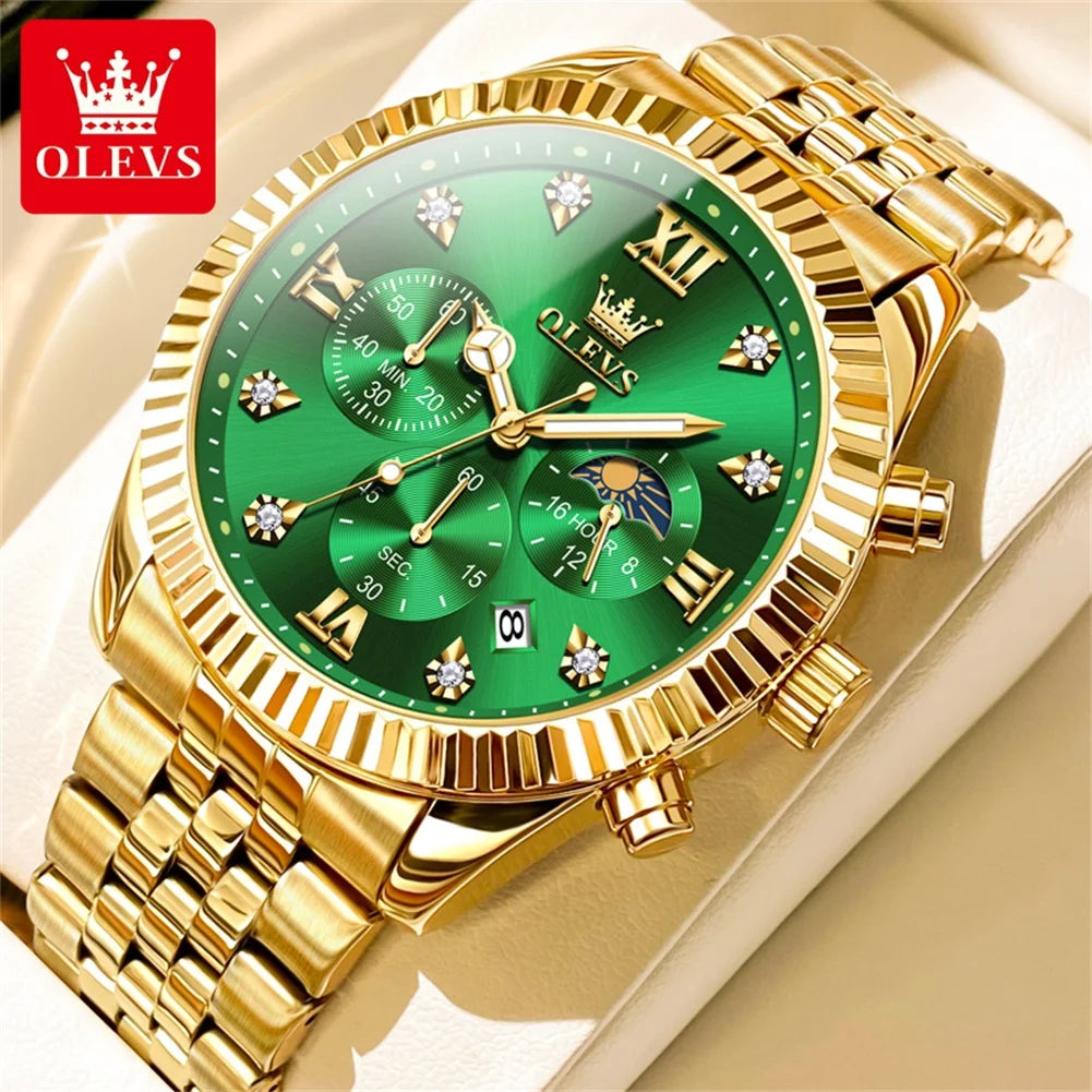OLEVS Brand Luxury Original Men's Watches Waterproof Moon Phase Quartz Watch Luminous Gold Stainless Steel Strap Male Wristwatch