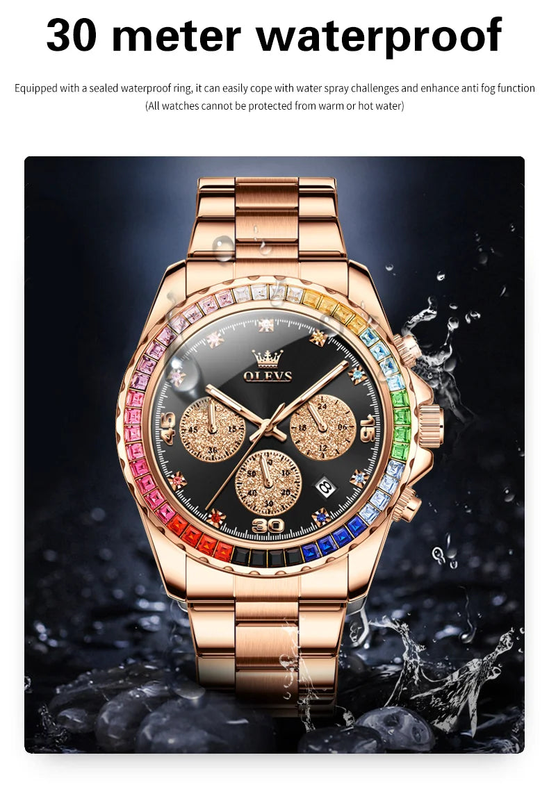 OLEVS Luxury Top Brand Quartz Men's Watch Multi function Stainless Steel Rainbow Gemstone Bezel Watch for Men reloj de hombre
