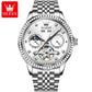 OLEVS 7016 Moon Phase Mens Watch Stainless Steel Diamond Bezel Hollowed Multifunctional Automatic Mechanical Wristwatch for Man