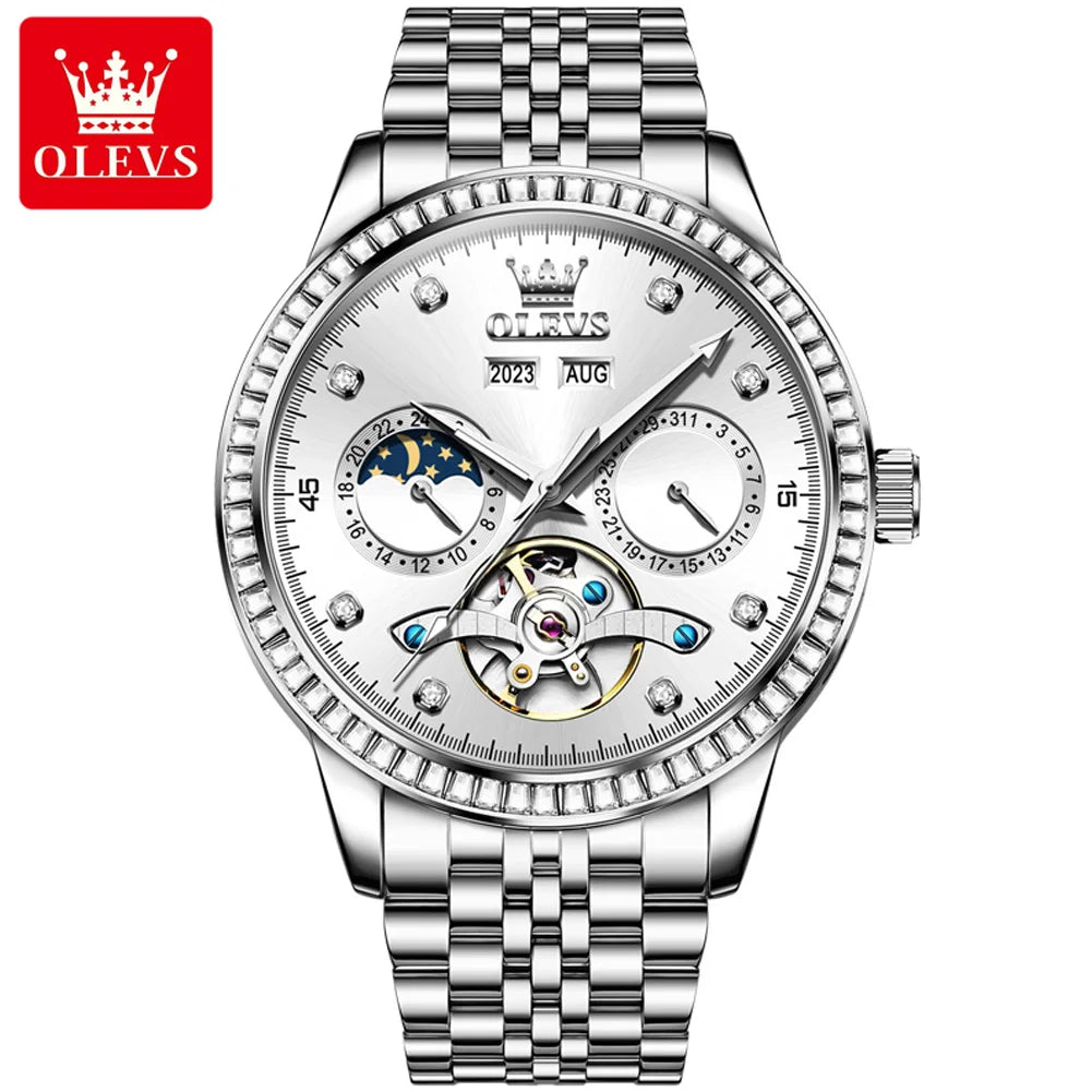 OLEVS 7016 Moon Phase Mens Watch Stainless Steel Diamond Bezel Hollowed Multifunctional Automatic Mechanical Wristwatch for Man