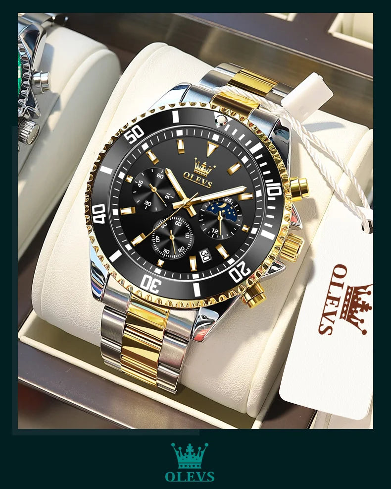 OLEVS Moon Phase Men's Watches Original Waterproof Luxury Quartz Watch Stainless Steel Chronograph Date Rota Dial Wristwatch