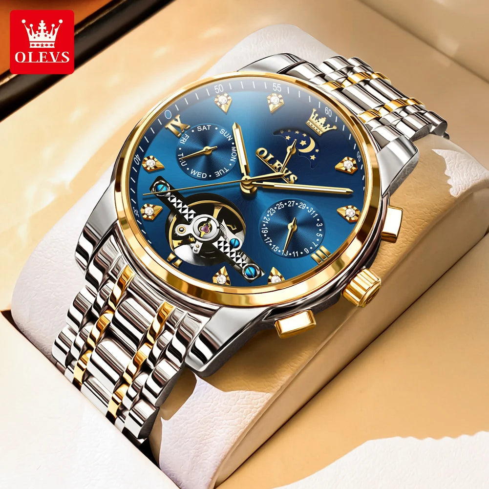 OELVS 6678 Men's Watches Luxury Original Automatic Mechanical Tourbillon Watch for Man Waterproof Luminous Date Week Moon Phase