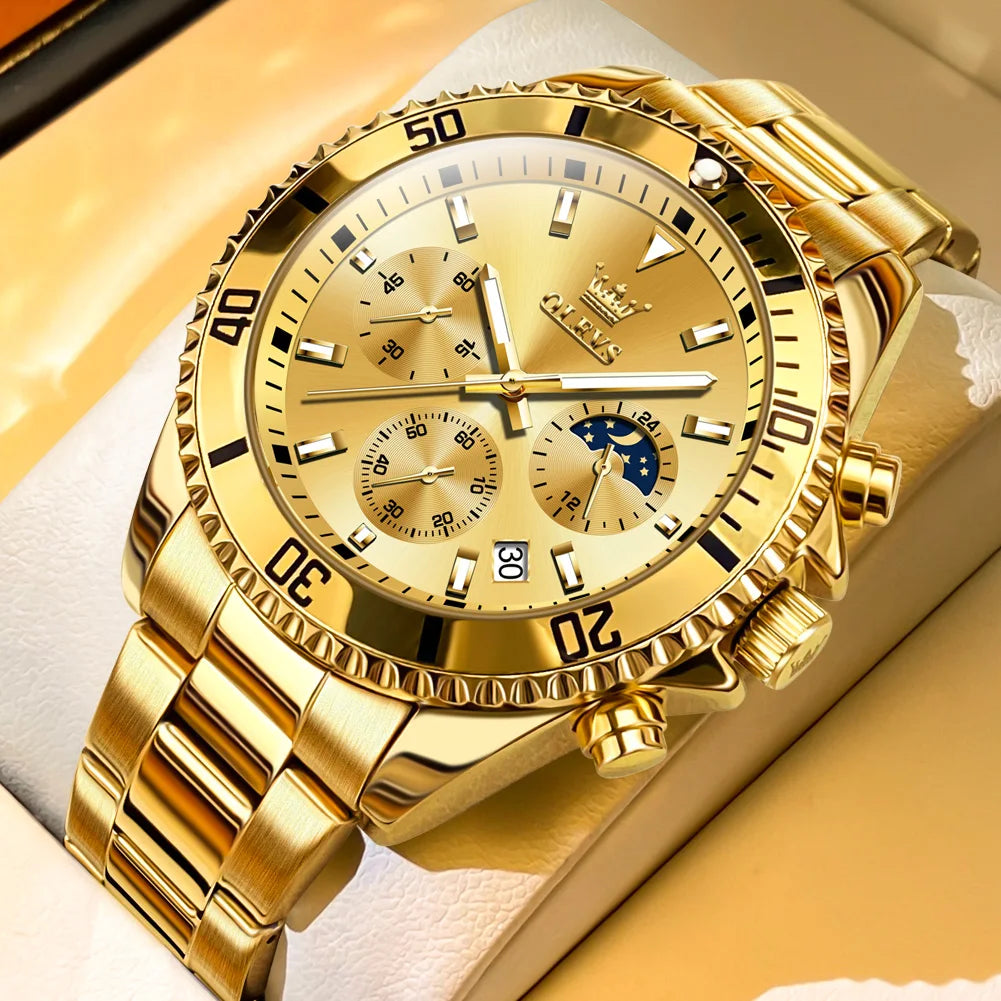 OLEVS 2870 Luxury Golden Watch for Men Fashion Business Waterproof Male Wristwatch Original Brand Moon Phase Quartz Men's Watch