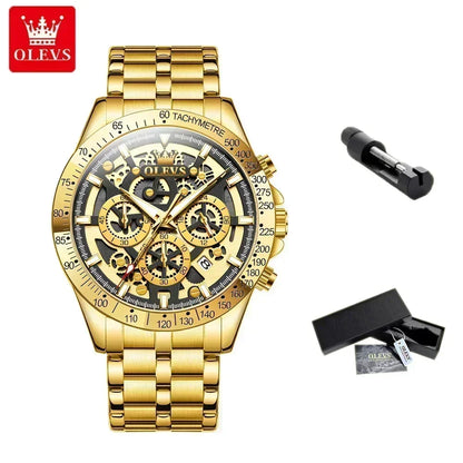 OLVES Luxury Men's Watches Golden Stainless Steel Man Watch Luminous Quartz Wrist Watch Automatic Movement Watches for Men Clock