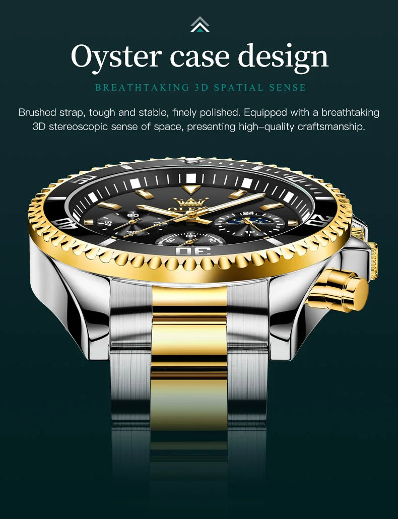 OLEVS Moon Phase Men's Watches Original Waterproof Luxury Quartz Watch Stainless Steel Chronograph Date Rota Dial Wristwatch