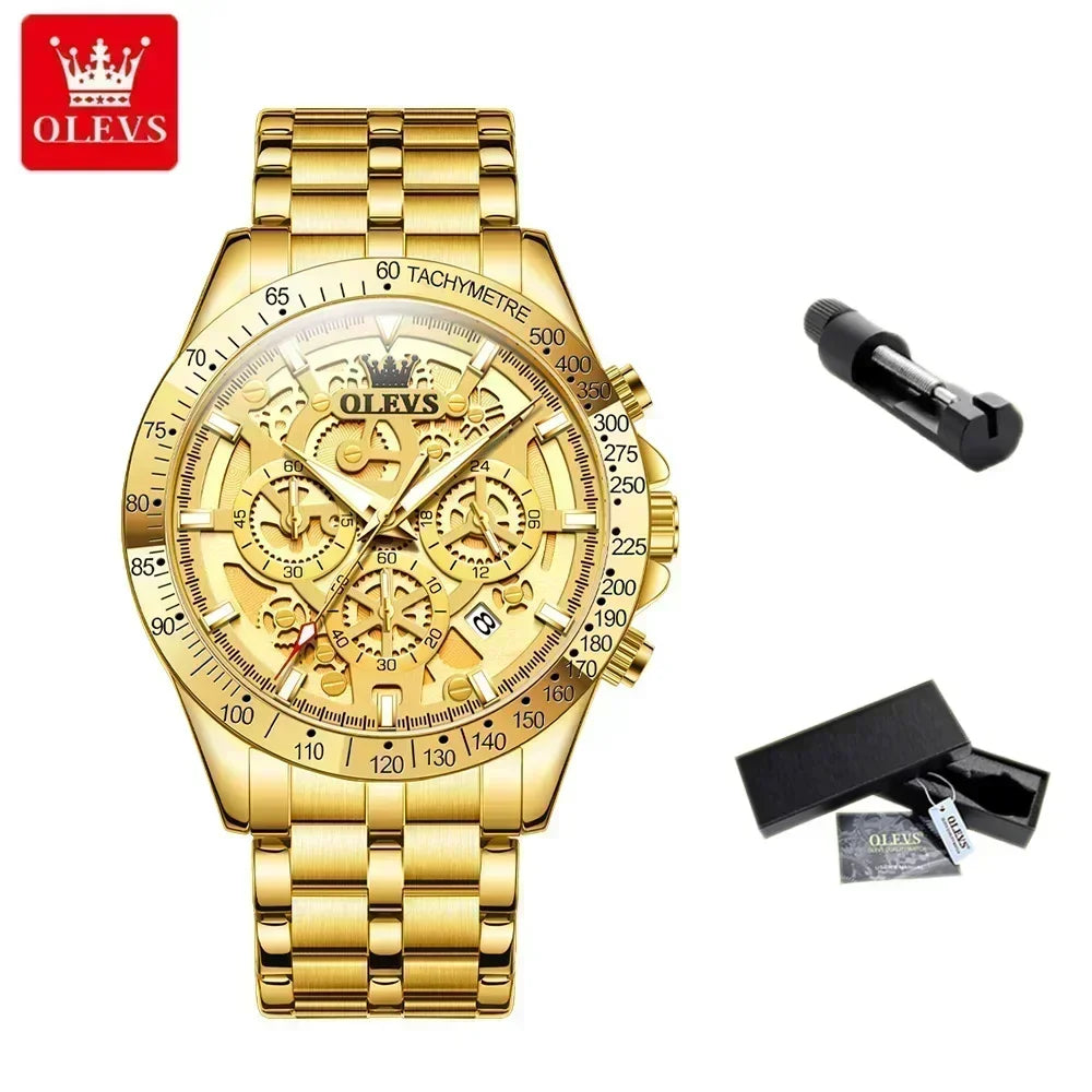 OLVES Luxury Men's Watches Golden Stainless Steel Man Watch Luminous Quartz Wrist Watch Automatic Movement Watches for Men Clock